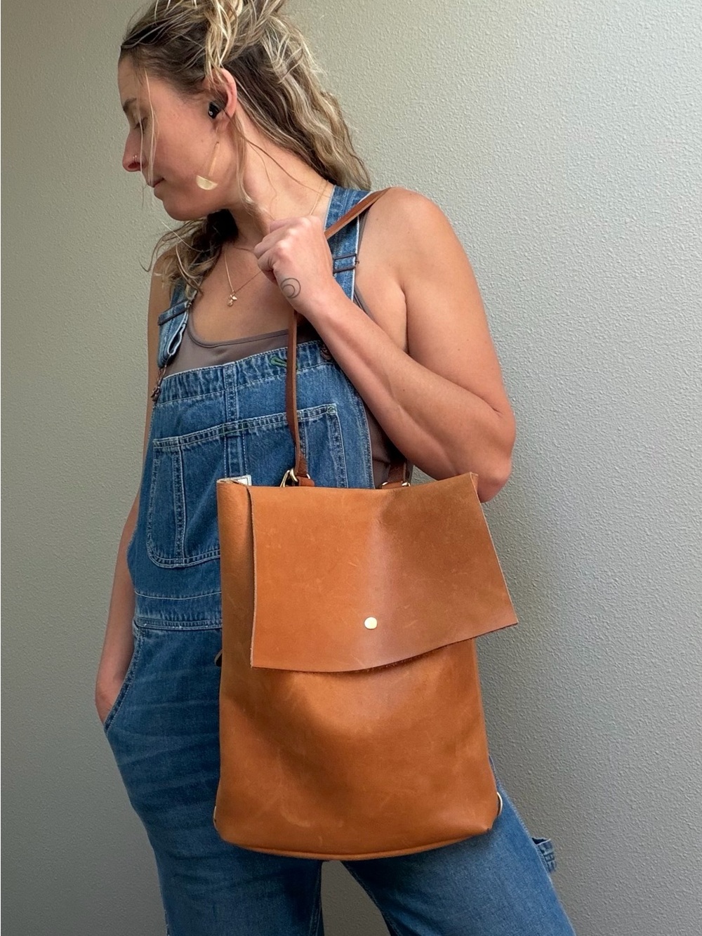Bella Leather Goods Convertible Backpack & Tote Bag in Cognac Brown